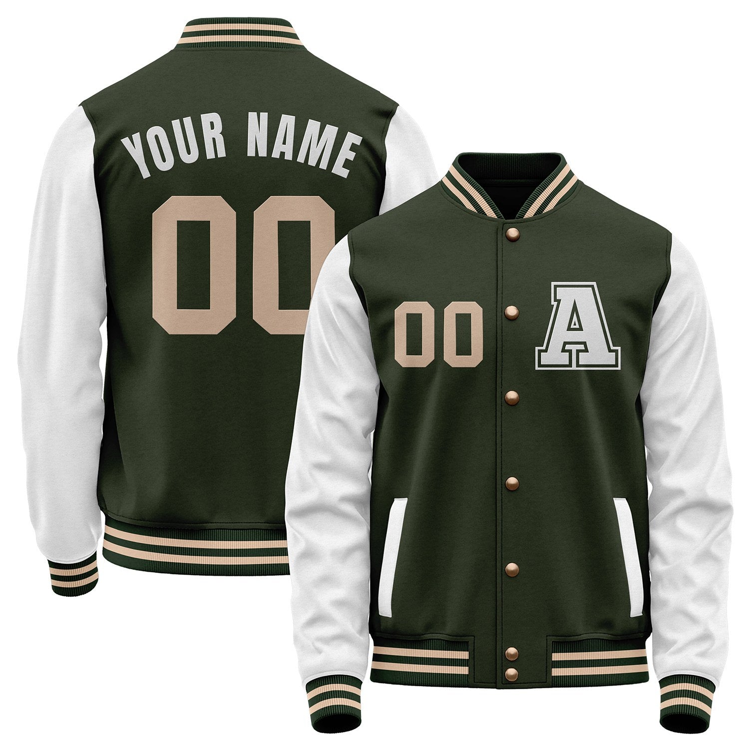 Custom dark green and white college baseball jackets by Vosoli with stitched name, number and logo. Classic varsity jacket for baseball and casual wear.