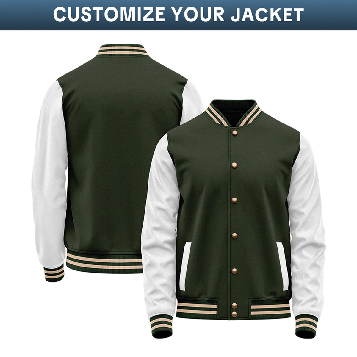 Custom Varsity Jacket with Stitched Name & Number | Dark Green & White Personalized Team Letterman Bomber