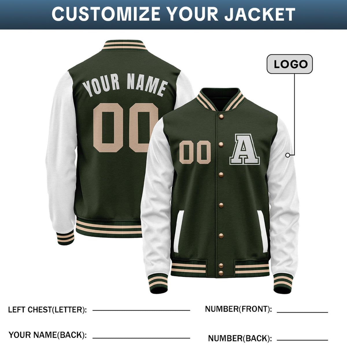 Custom Varsity Jacket with Stitched Name & Number | Dark Green & White Personalized Team Letterman Bomber