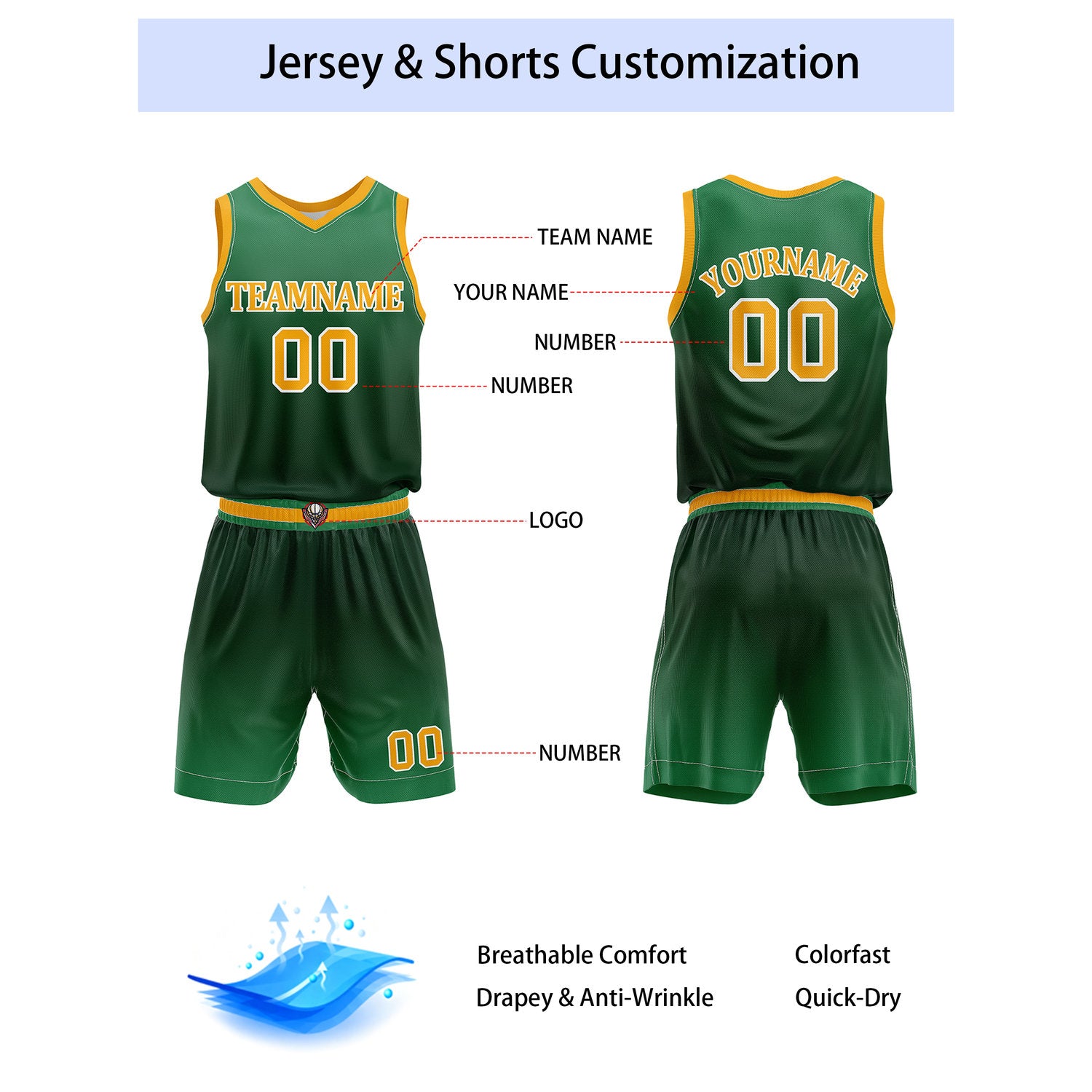 Custom Dark Green & Yellow Basketball Jersey + Shorts Set - Personalized Team Name, Number & LOGO | Vosoli