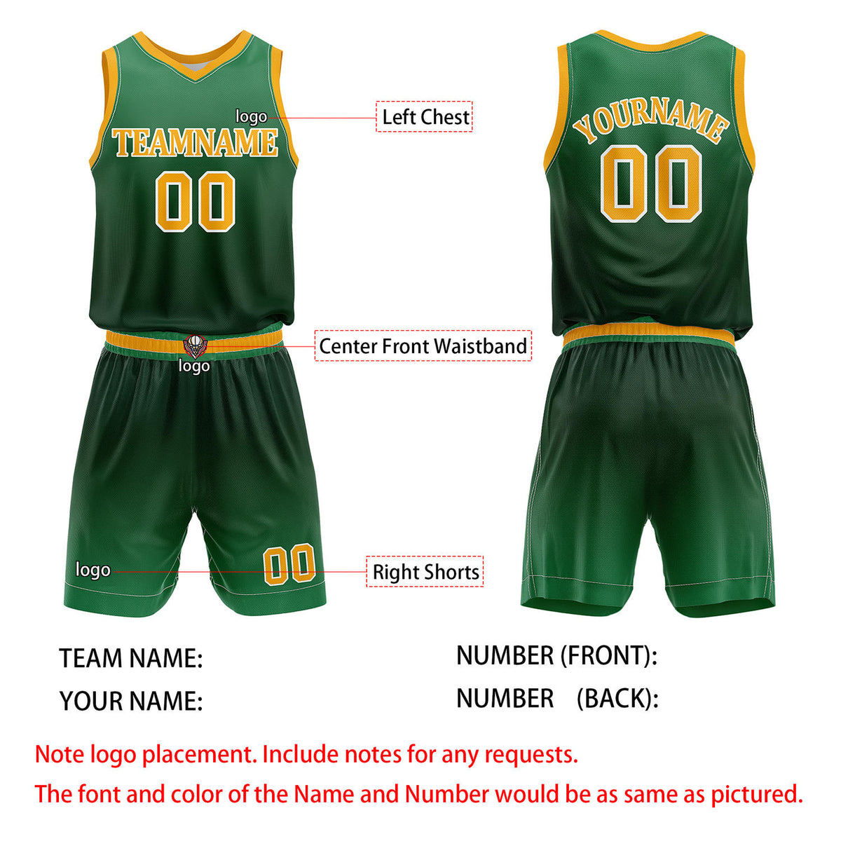 Custom Dark Green & Yellow Basketball Jersey + Shorts Set - Personalized Team Name, Number & LOGO | Vosoli