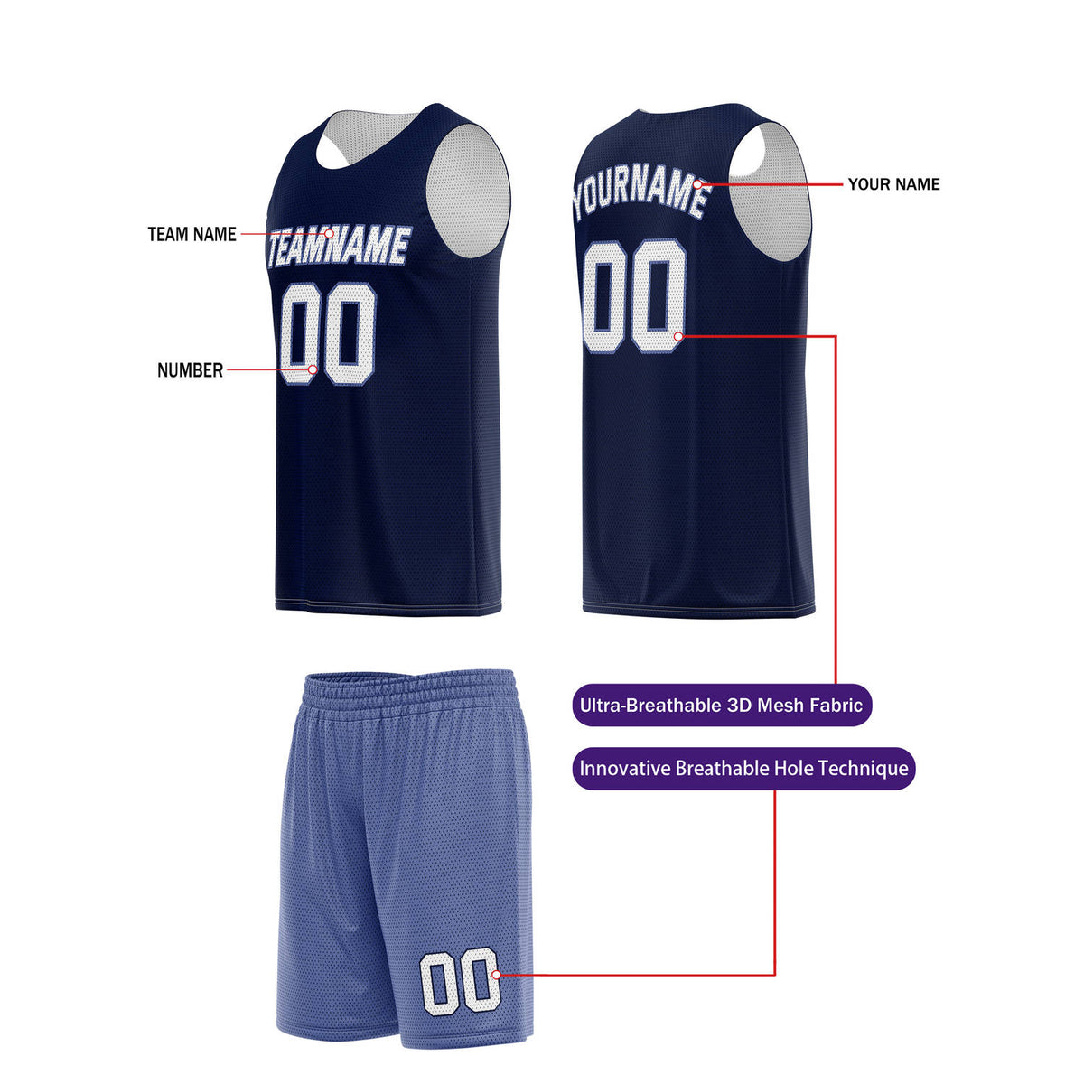 Custom Dark Navy & Light Purple Basketball Jersey + Shorts Set - Personalized Team Name, Number | Vosoli