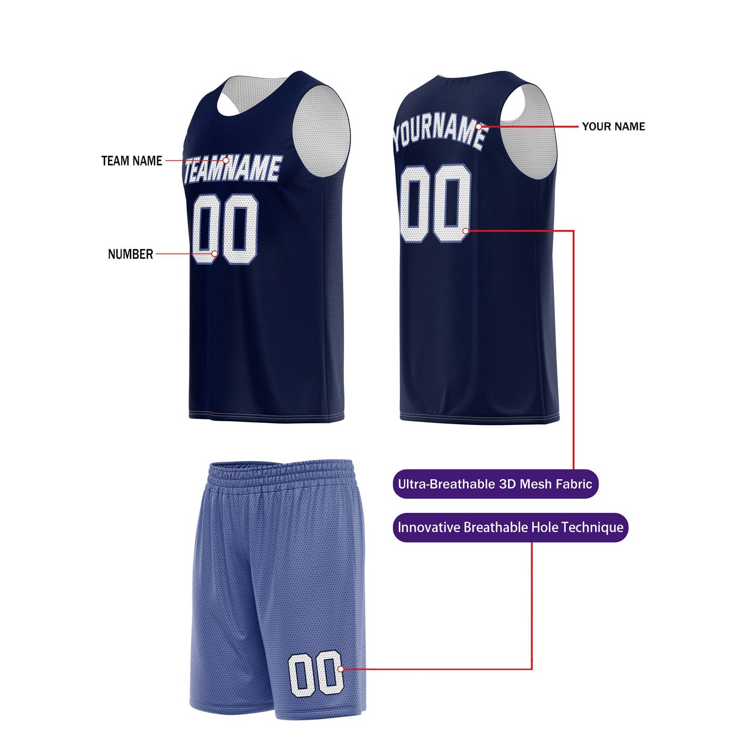 Custom Dark Navy & Light Purple Basketball Jersey + Shorts Set - Personalized Team Name, Number | Vosoli