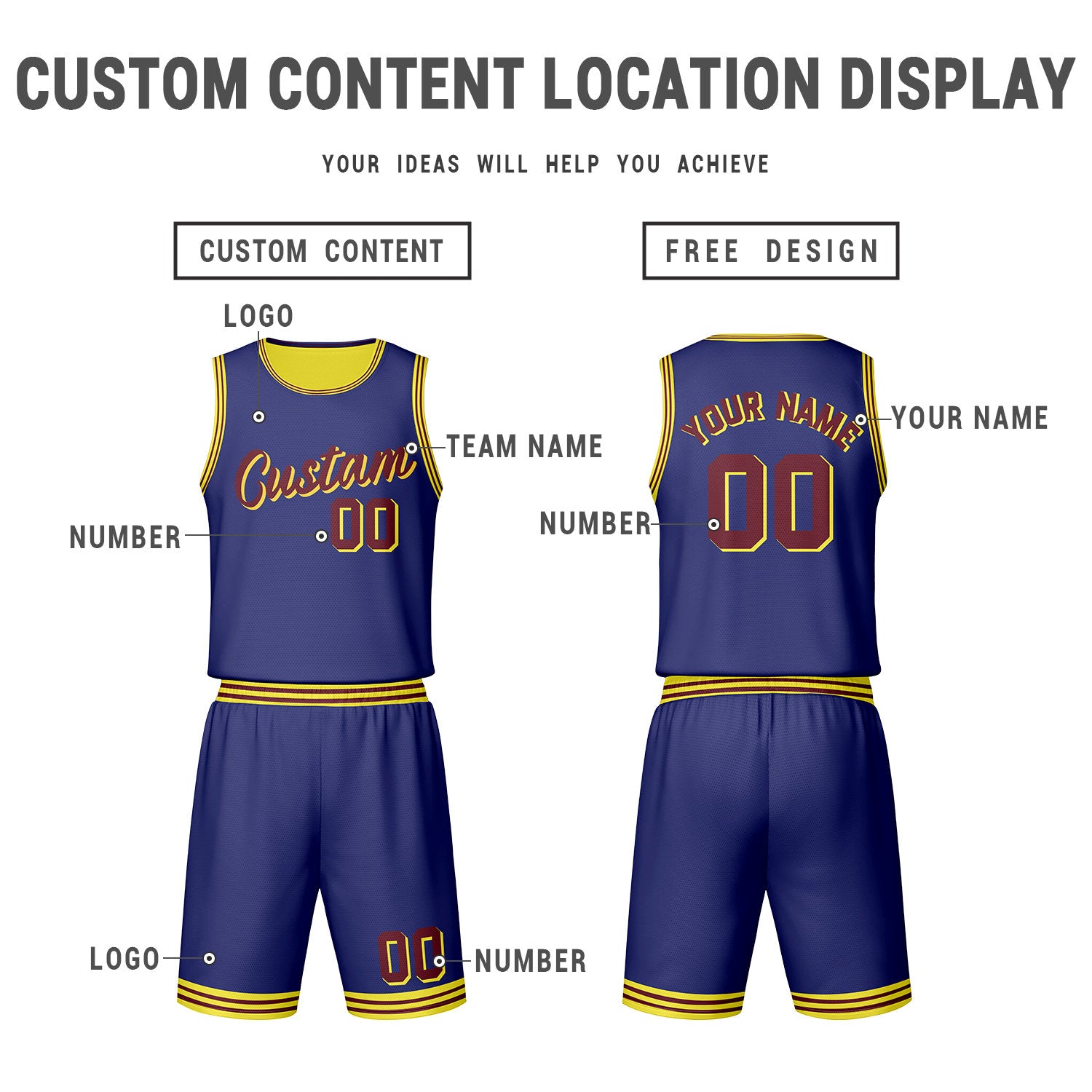 Custom Dark Blue Yellow Reversible Basketball Jersey Set | Personalized Name Number Mesh Sports Uniform