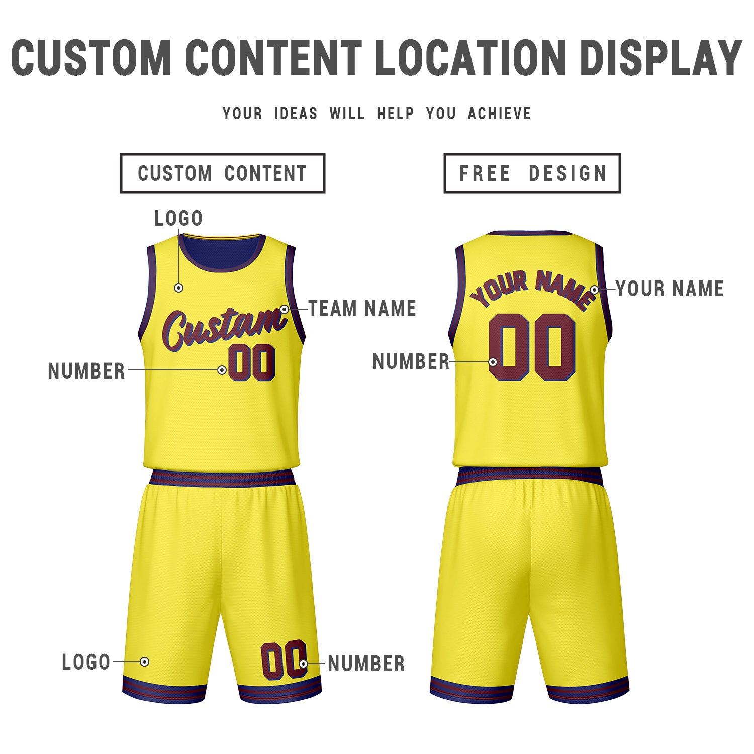 Custom Dark Blue Yellow Reversible Basketball Jersey Set | Personalized Name Number Mesh Sports Uniform