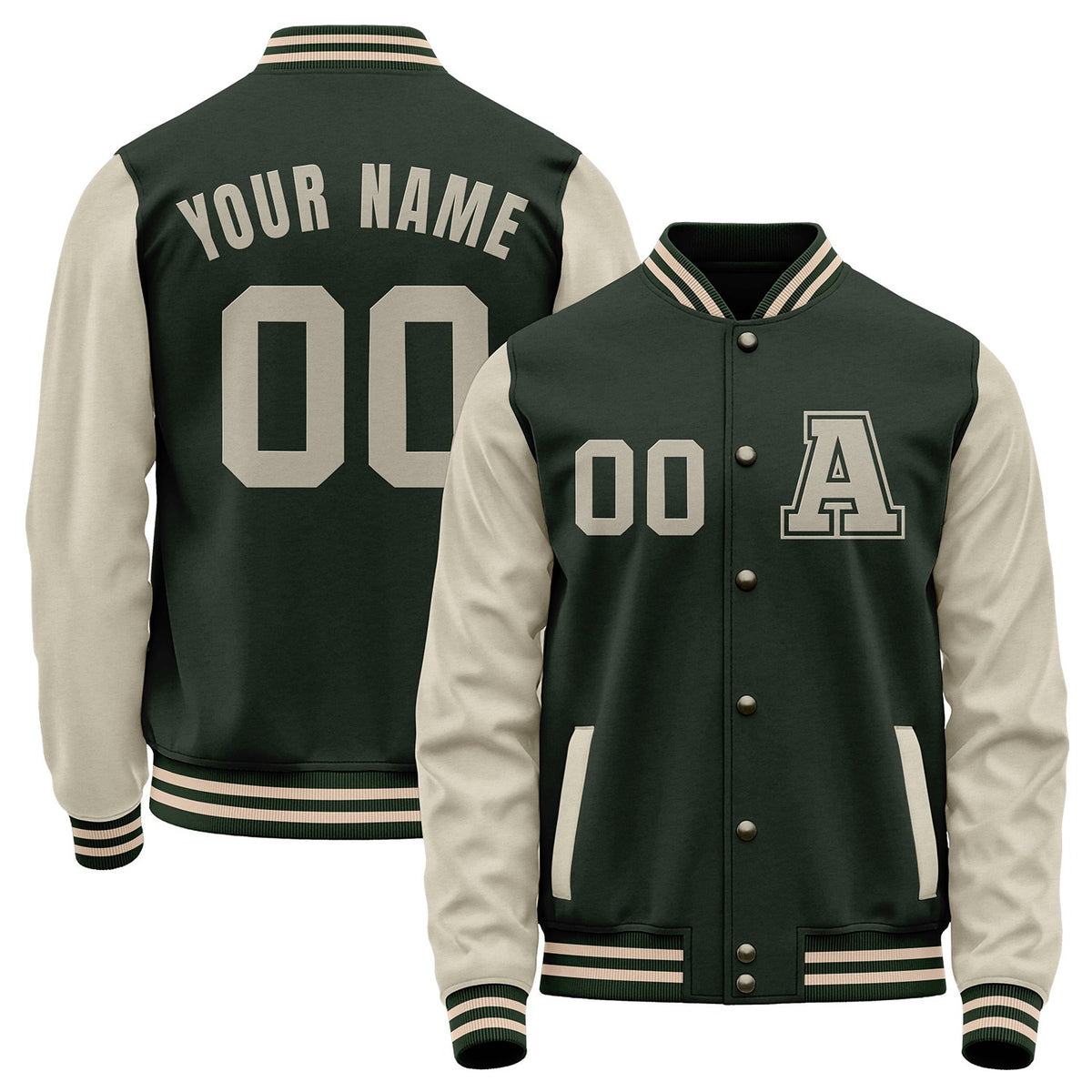 Custom dark green and cream high school baseball team jackets by Vosoli with stitched name, number and logo. Classic varsity jacket for baseball and casual wear.