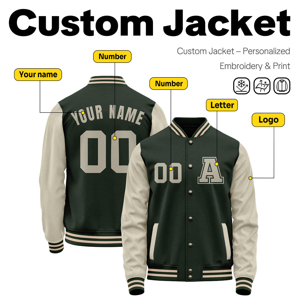 Custom Varsity Jacket with Embroidered Name & Number | Dark Green & Cream Personalized Team Letterman Bomber
