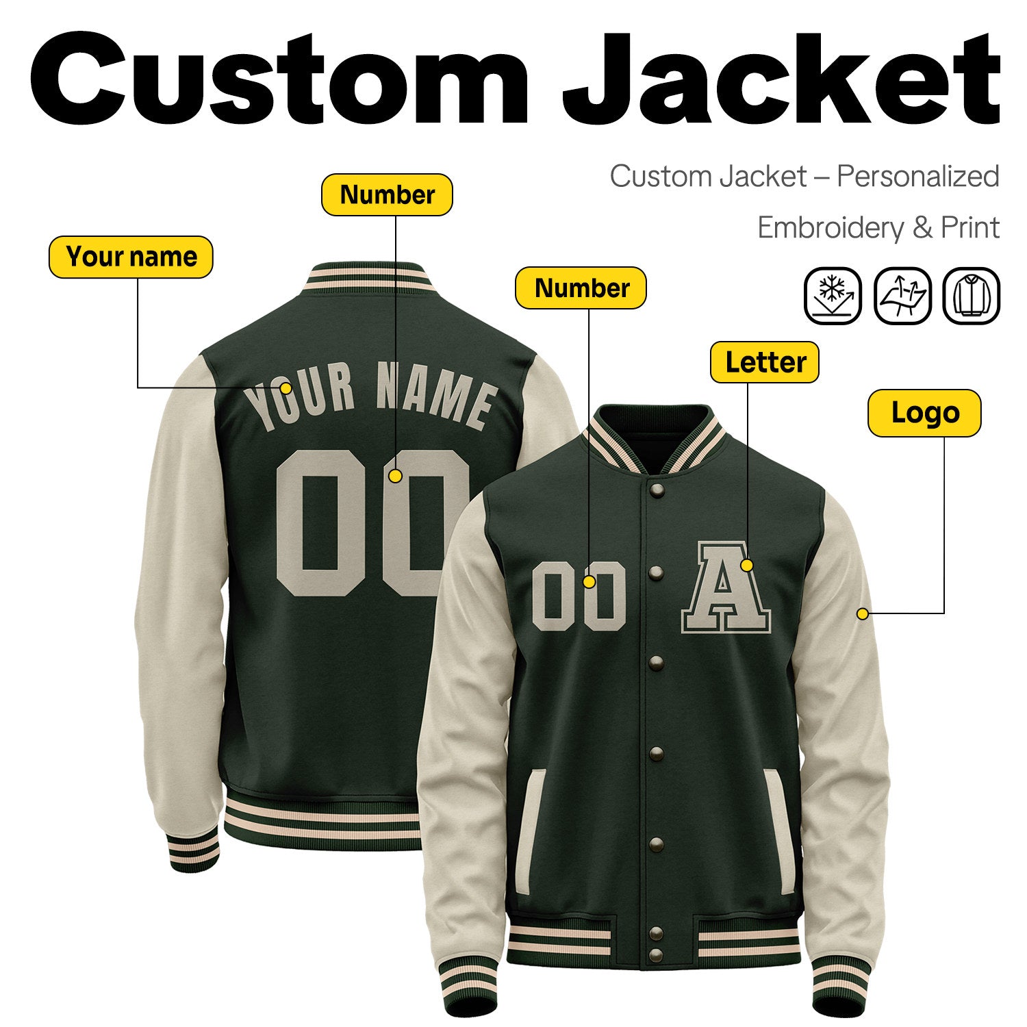 Custom Varsity Jacket with Embroidered Name & Number | Dark Green & Cream Personalized Team Letterman Bomber
