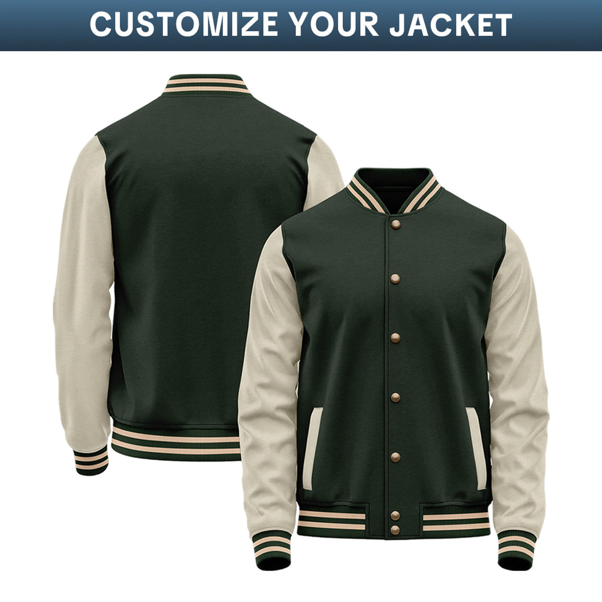 Custom Varsity Jacket with Embroidered Name & Number | Dark Green & Cream Personalized Team Letterman Bomber