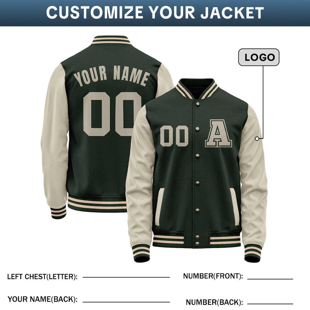 Custom Varsity Jacket with Embroidered Name & Number | Dark Green & Cream Personalized Team Letterman Bomber