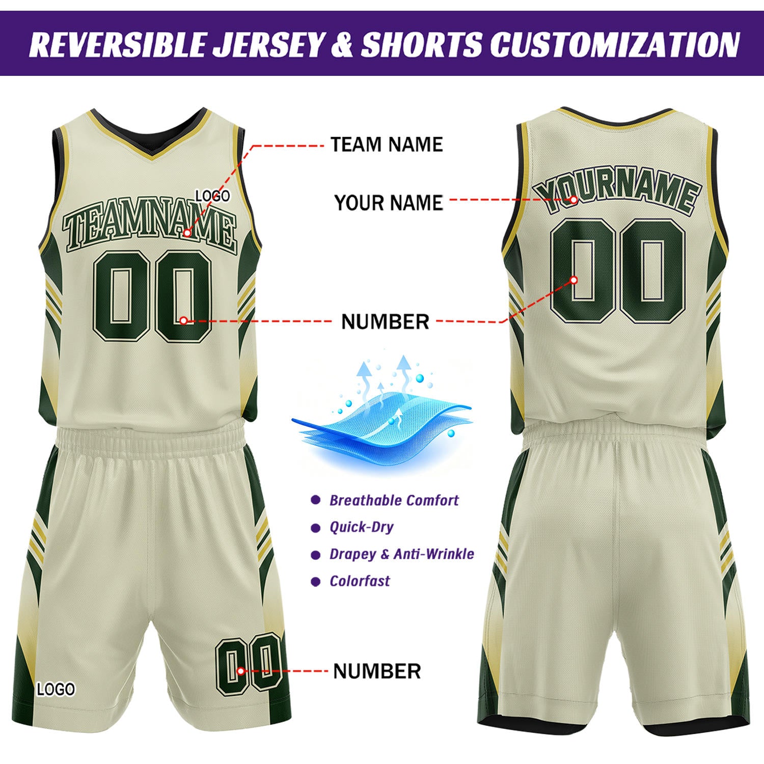 Custom Dark Green & Cream Reversible Basketball Uniform Set | Personalized Team Jersey Kit