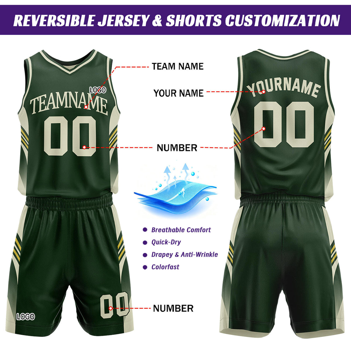 Custom Dark Green & Cream Reversible Basketball Uniform Set | Personalized Team Jersey Kit