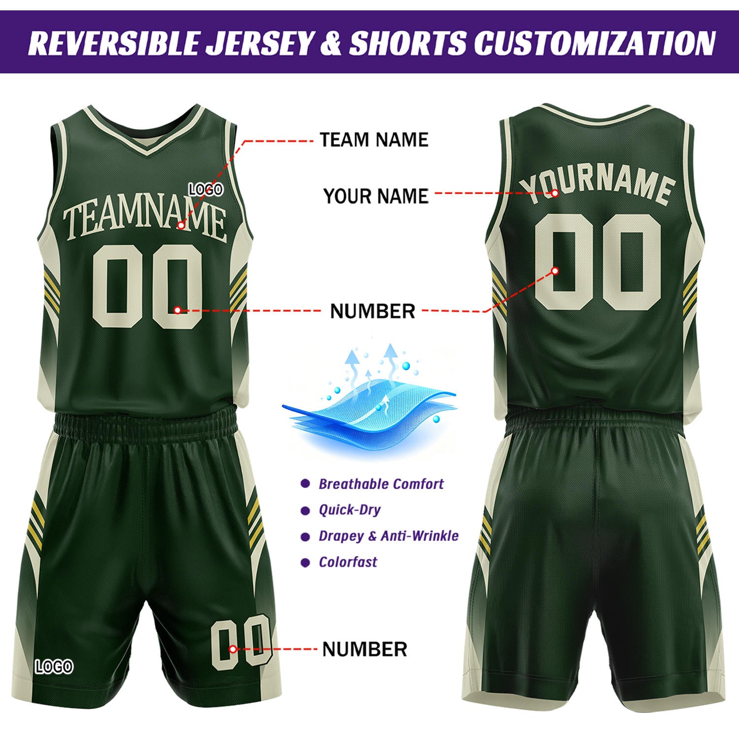 Custom Dark Green & Cream Reversible Basketball Uniform Set | Personalized Team Jersey Kit