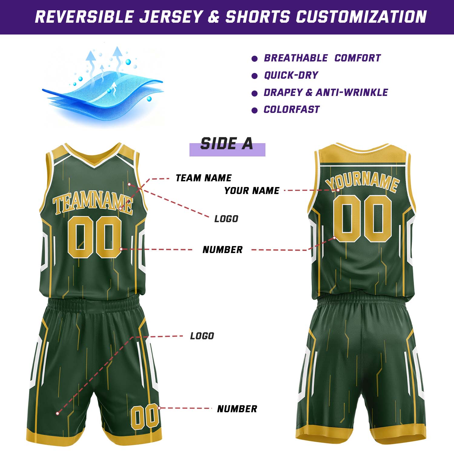 Custom Dark Green & Gold Reversible Circuit Geometric Basketball Jersey Shorts Set | Personalized Team Uniform