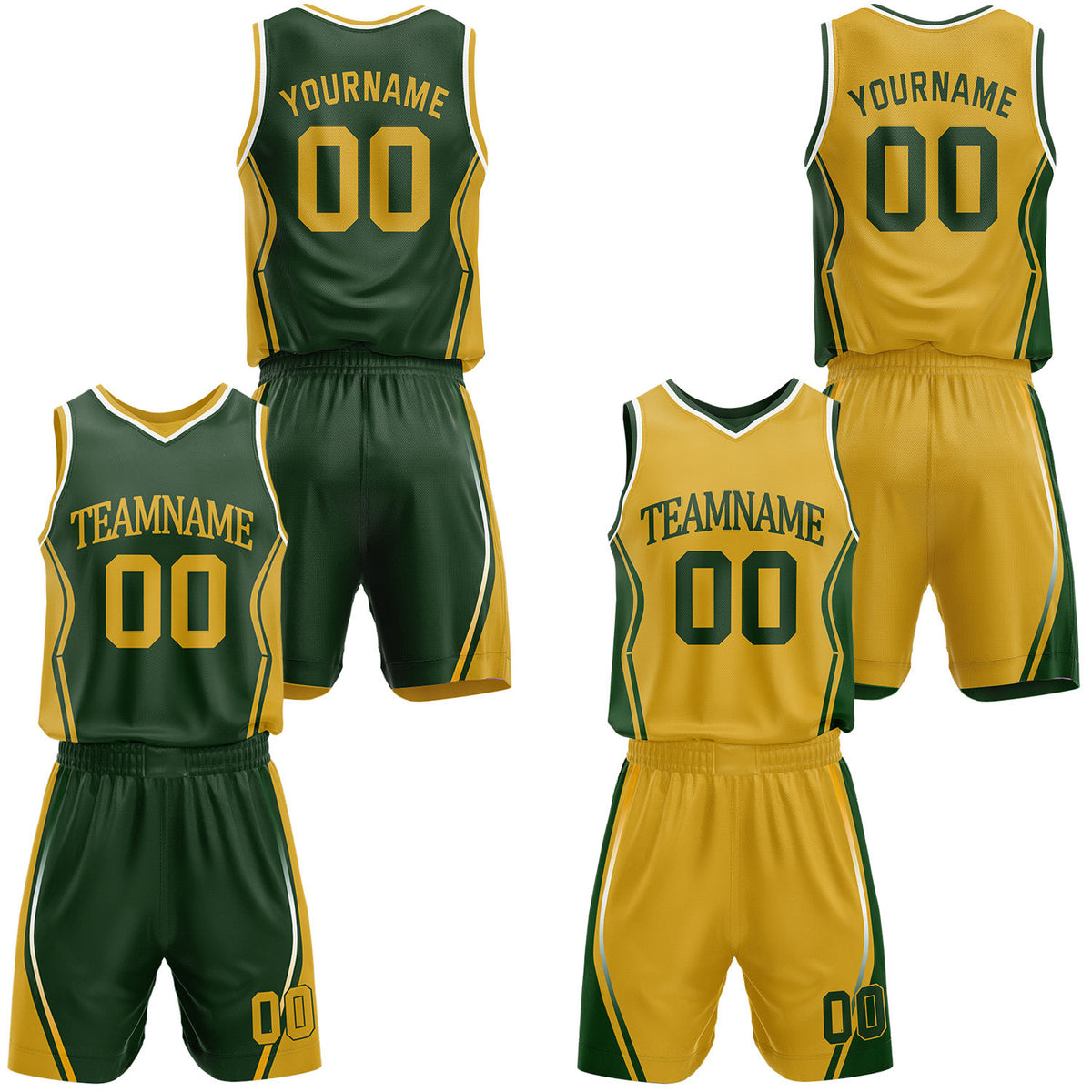Custom dark green &amp; gold reversible basketball jersey shorts set by Vosoli | Personalized block team name number geometric uniform sportswear