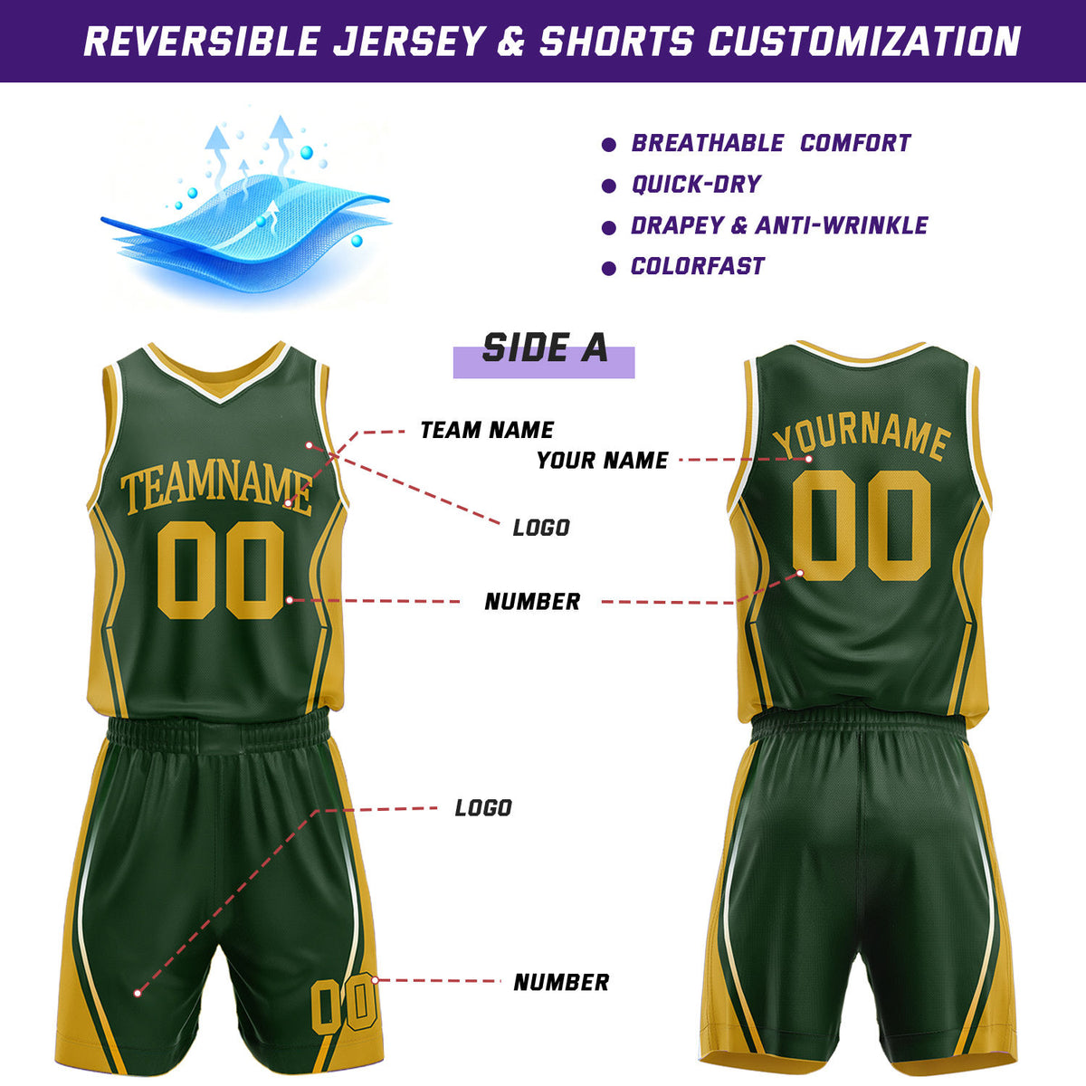 Custom Dark Green & Gold Reversible Geometric Basketball Jersey Shorts Set | Personalized Team Uniform