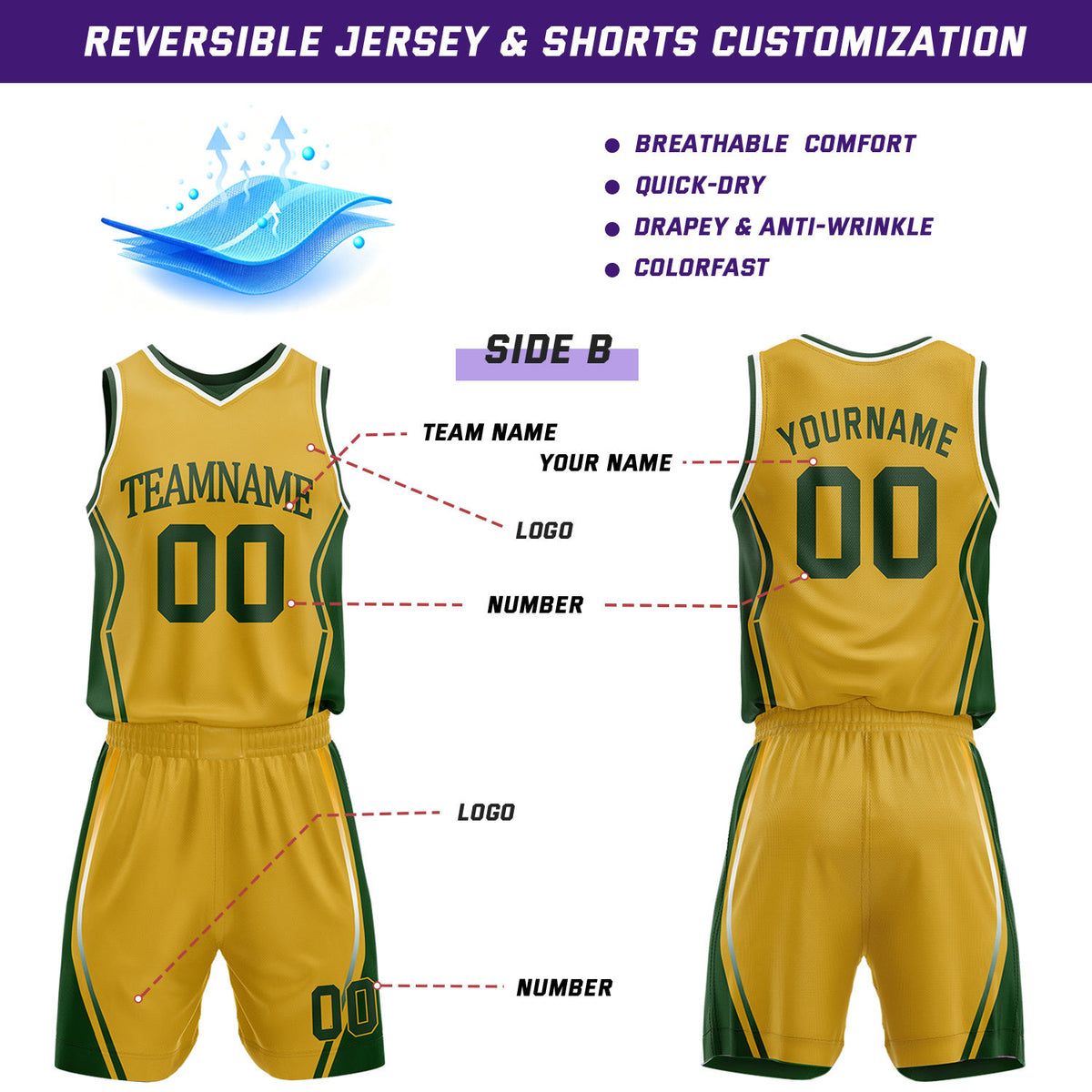 Custom Dark Green & Gold Reversible Geometric Basketball Jersey Shorts Set | Personalized Team Uniform