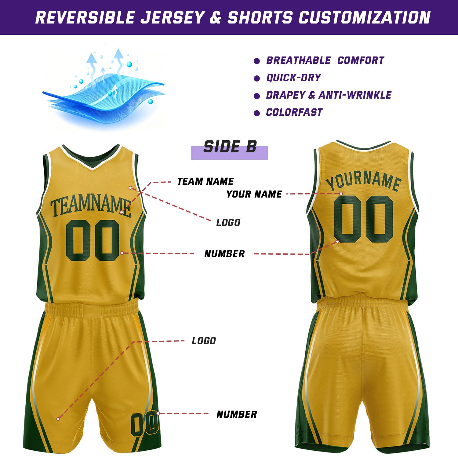 Custom Dark Green & Gold Reversible Geometric Basketball Jersey Shorts Set | Personalized Team Uniform