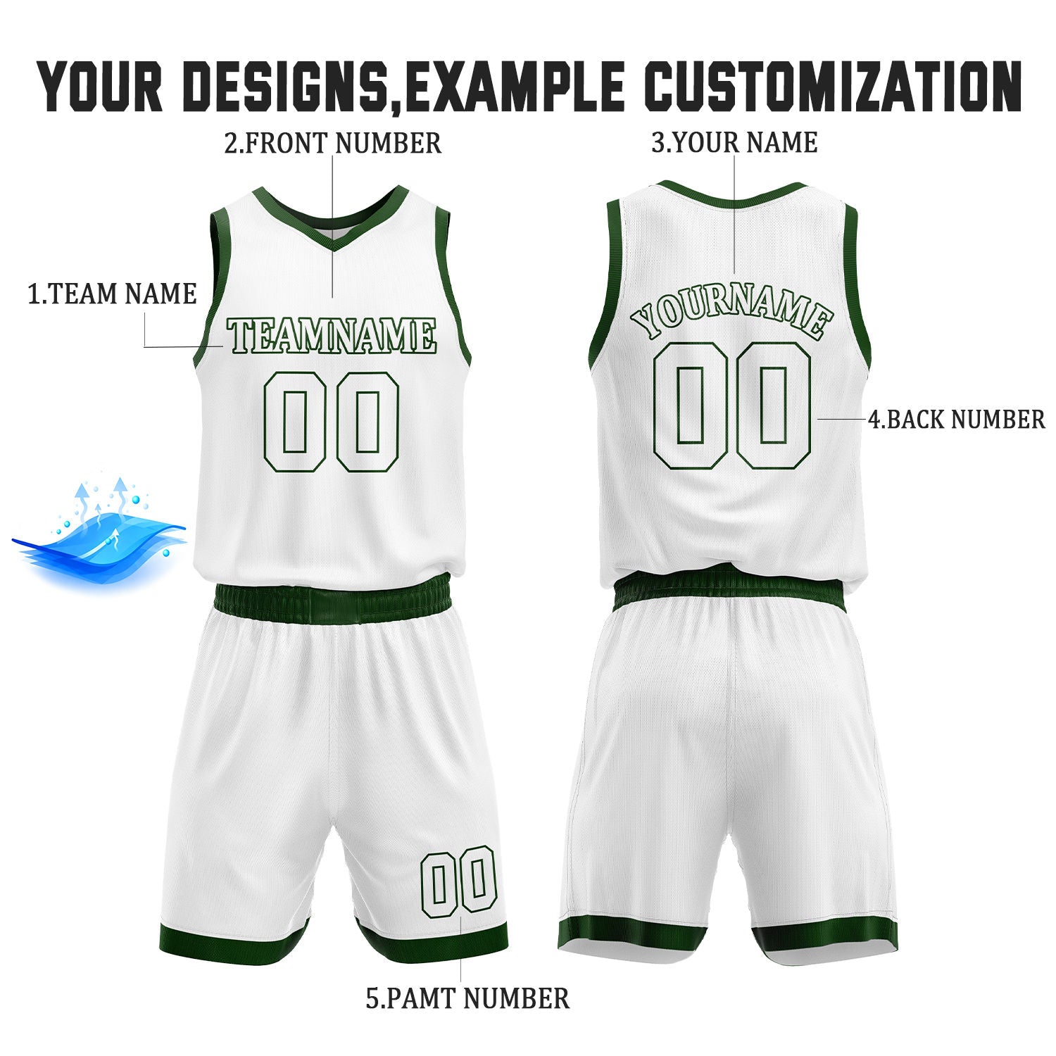 Custom Dark Green & White Reversible Basketball Jersey Shorts Set | Personalized Full Team Uniform