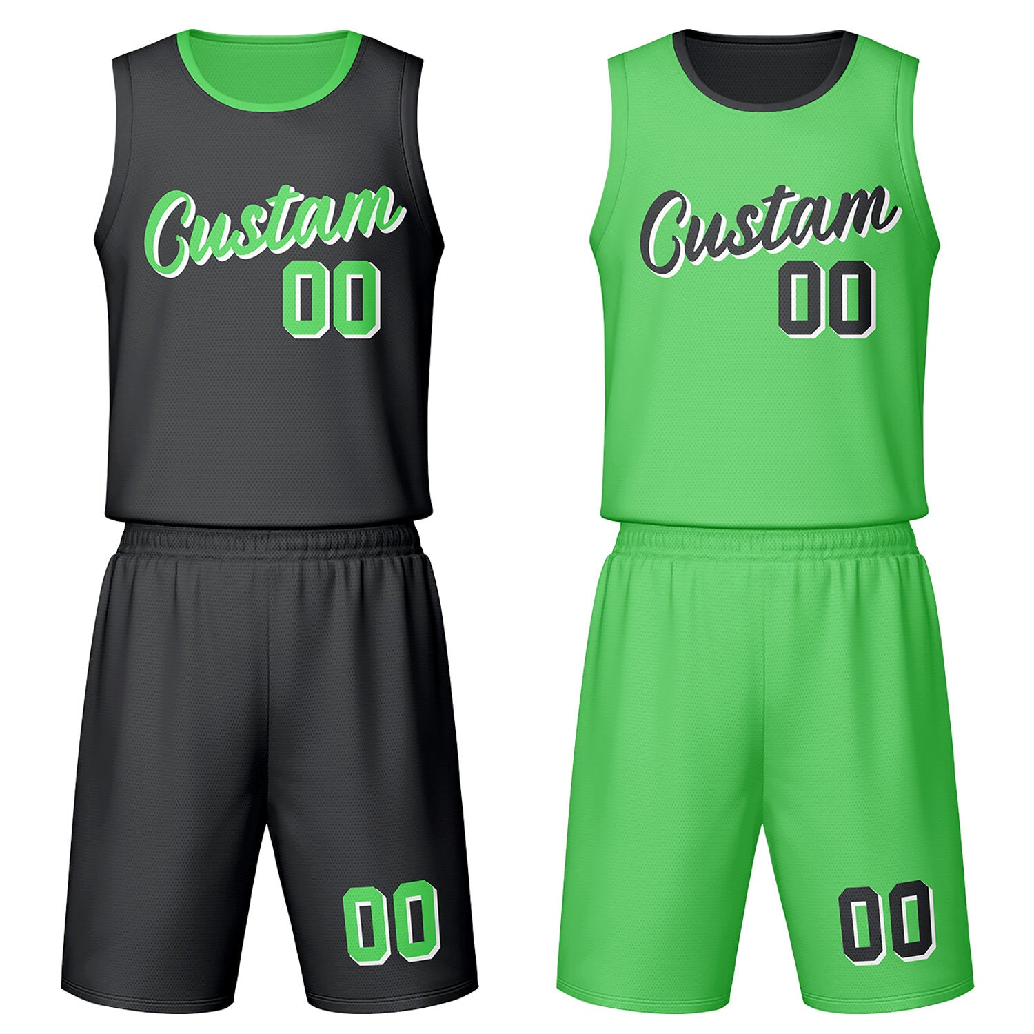 Custom dark grey & green reversible basketball jersey set with shorts by Vosoli | Personalized team name, number & logo | Breathable mesh sport jersey uniform