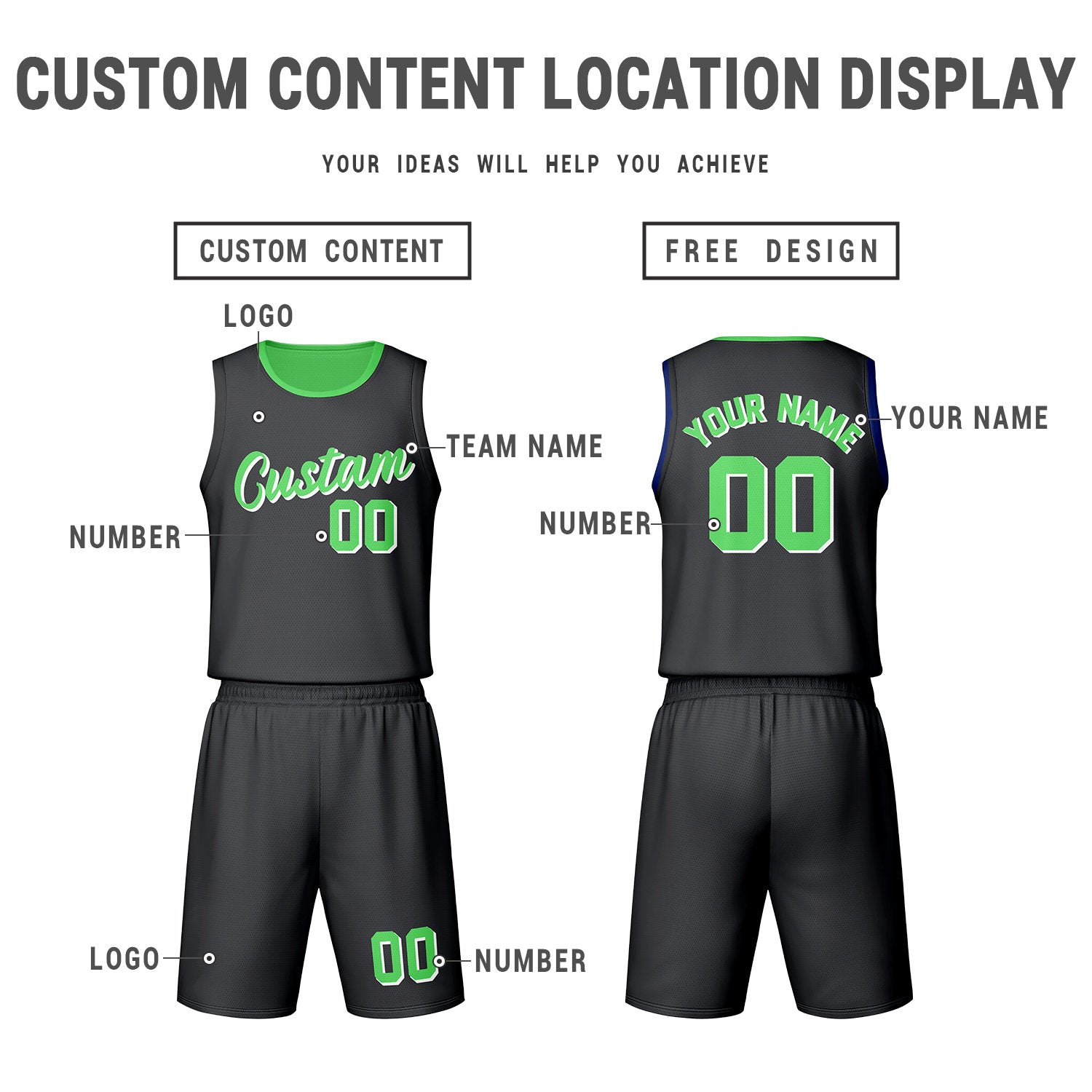 Custom Dark Grey Green Reversible Basketball Jersey Set | Personalized Name Number Mesh Sports Uniform