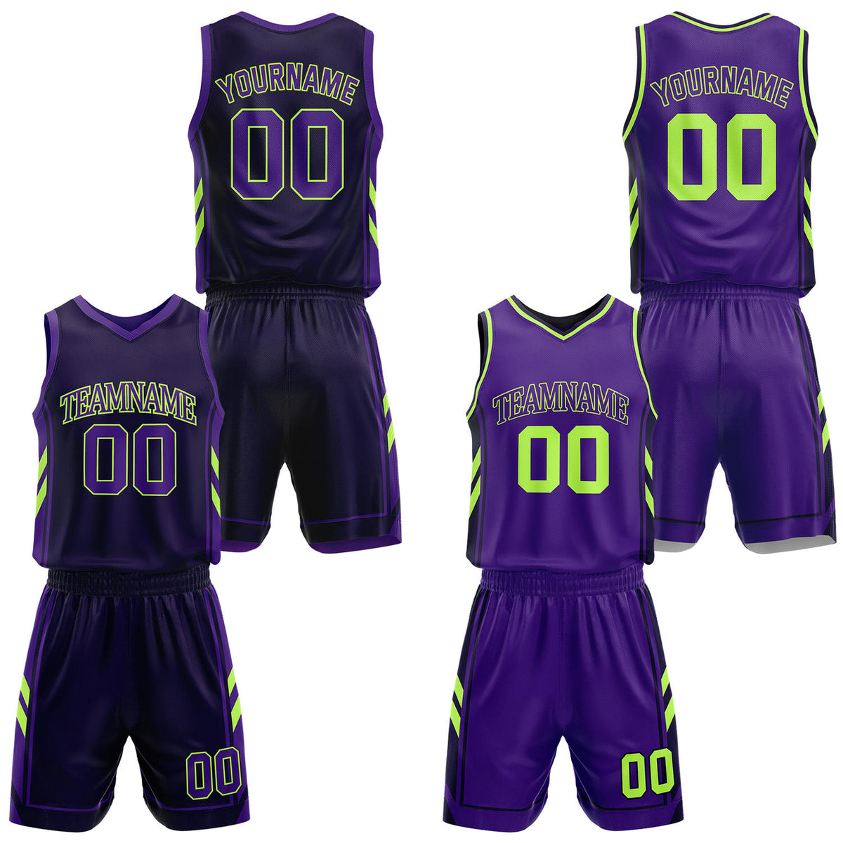 Custom dark purple &amp; purple reversible basketball uniform set by Vosoli | Personalized team name, number &amp; logo | Breathable mesh jersey and shorts sport set