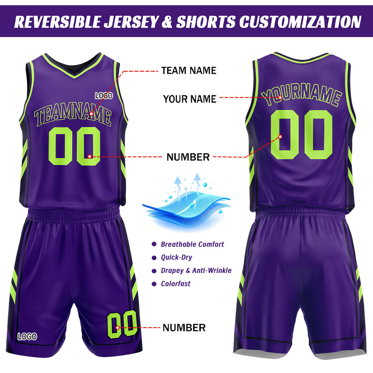 Custom Dark Purple & Purple Reversible Basketball Uniform Set | Personalized Name Number Mesh Jersey Shorts Kit
