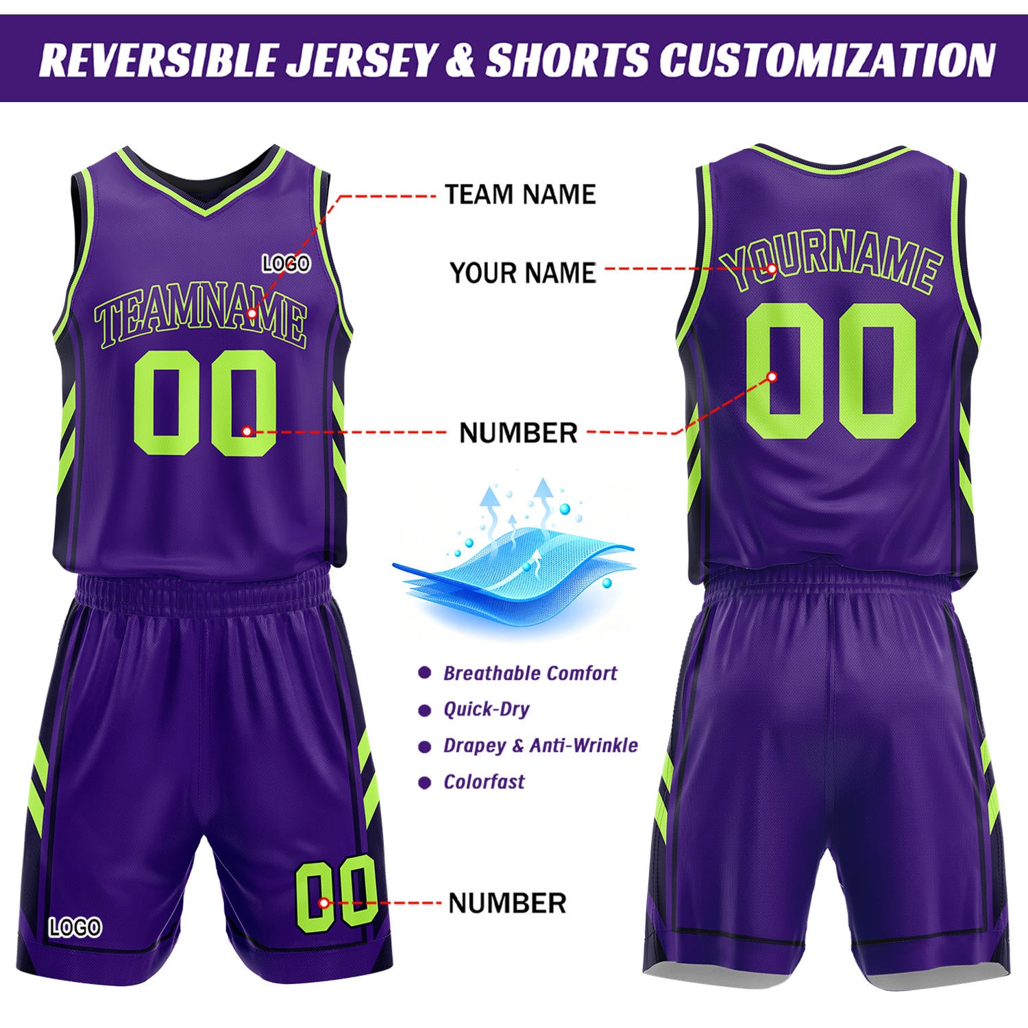 Custom Dark Purple & Purple Reversible Basketball Uniform Set | Personalized Name Number Mesh Jersey Shorts Kit