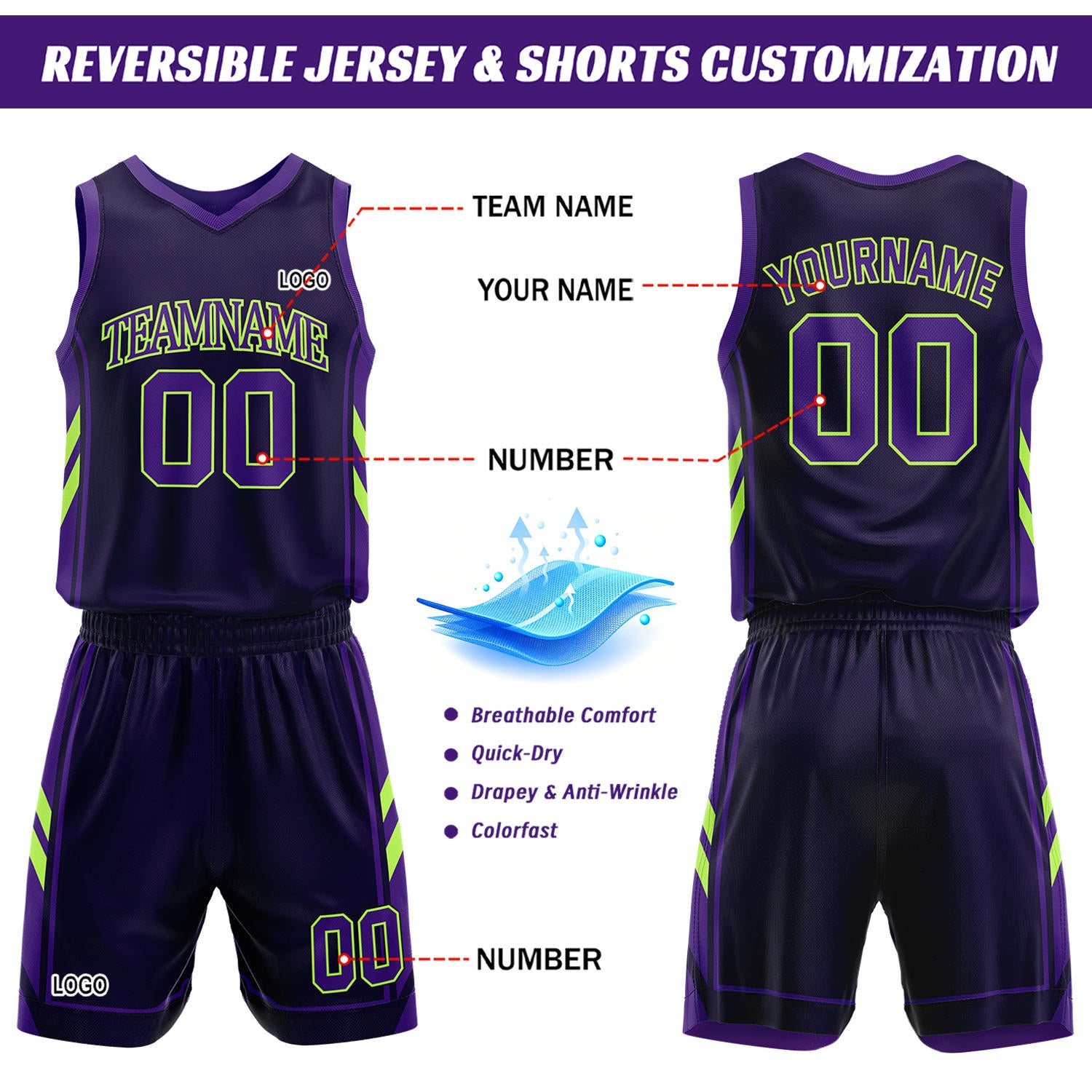 Custom Dark Purple & Purple Reversible Basketball Uniform Set | Personalized Name Number Mesh Jersey Shorts Kit