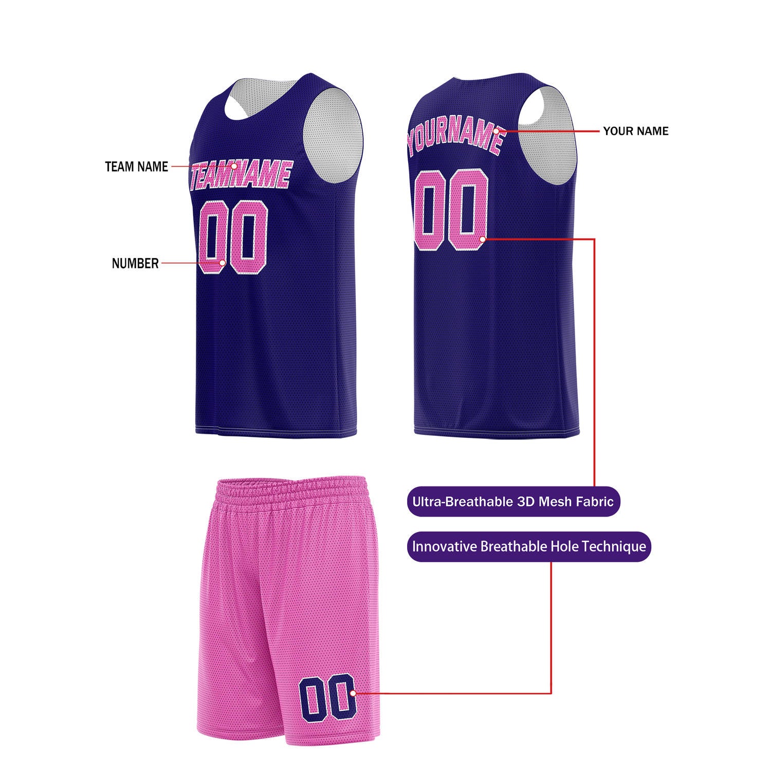 Custom Deep Purple & Bright Pink Basketball Jersey + Shorts Set - Personalized Team Name, Number | Vosoli