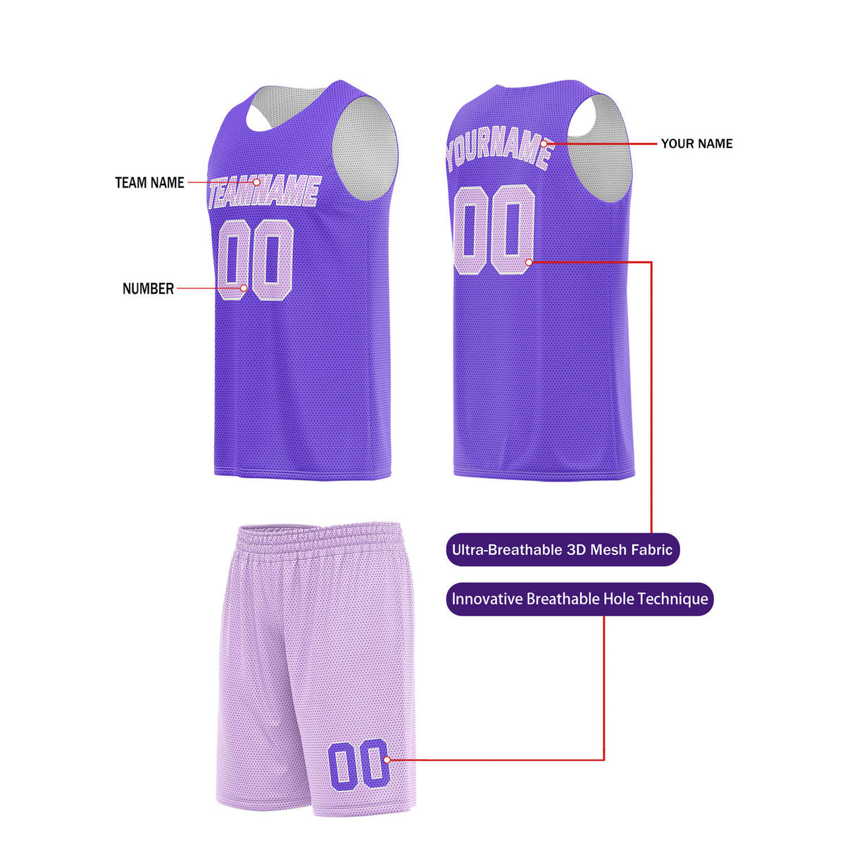 Custom Deep Purple & Light Purple Basketball Jersey + Shorts Set - Personalized Team Name, Number | Vosoli