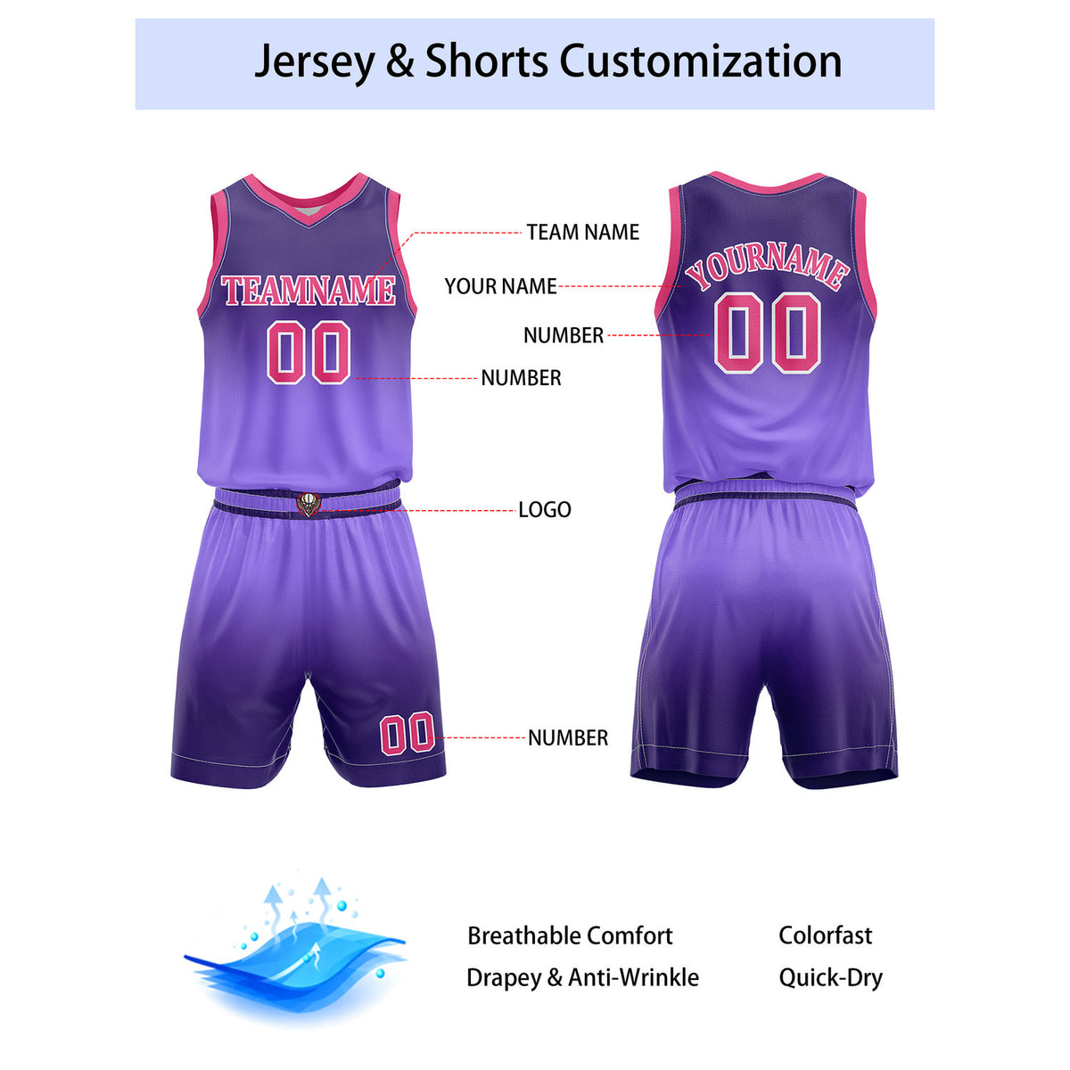Custom Purple Gradient Basketball Jersey + Shorts Set - Personalized Team Name, Number & LOGO | Vosoli