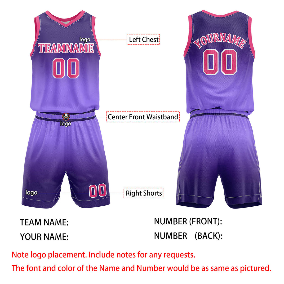 Custom Purple Gradient Basketball Jersey + Shorts Set - Personalized Team Name, Number & LOGO | Vosoli