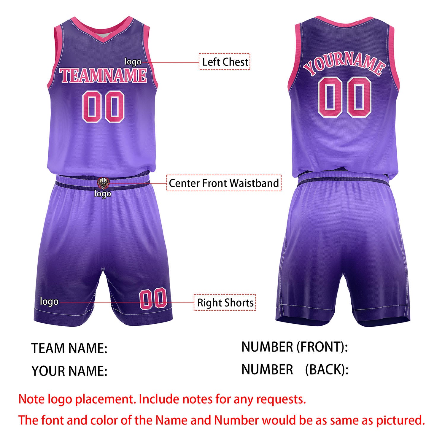 Custom Purple Gradient Basketball Jersey + Shorts Set - Personalized Team Name, Number & LOGO | Vosoli