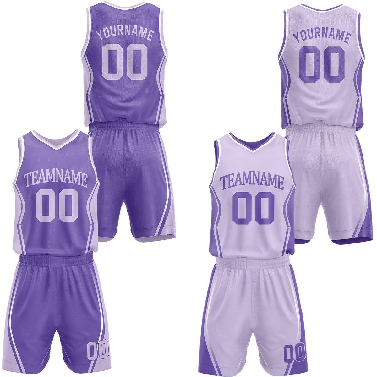 Custom deep purple &amp; lavender reversible basketball jersey shorts set by Vosoli | Personalized block team name number geometric uniform sportswear