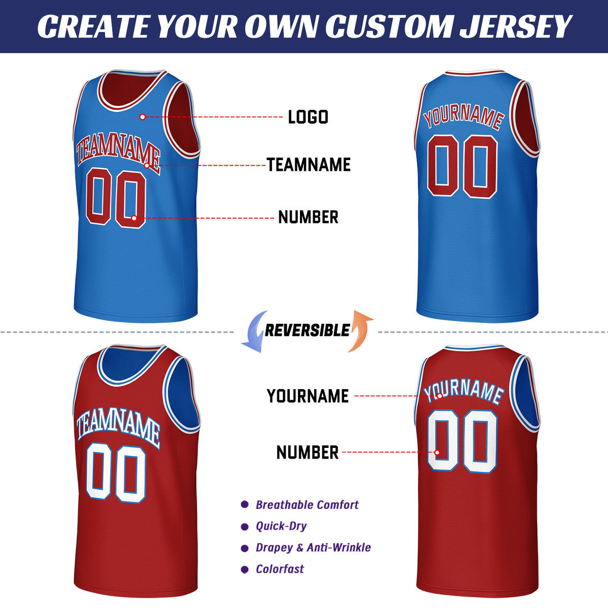 Custom Blue & Red Reversible Basketball Jersey | Personalized Sleeveless Mesh Jersey for Men Women Youth