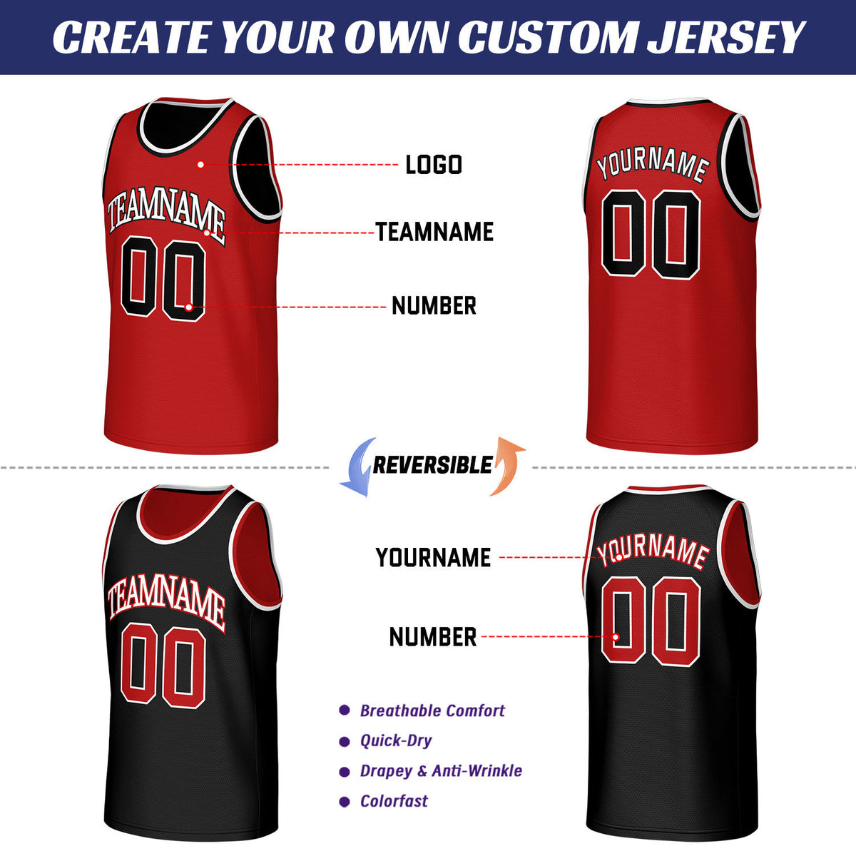 Custom Red & Black Reversible Basketball Jersey | Personalized Sleeveless Mesh Jersey for Men Women Youth