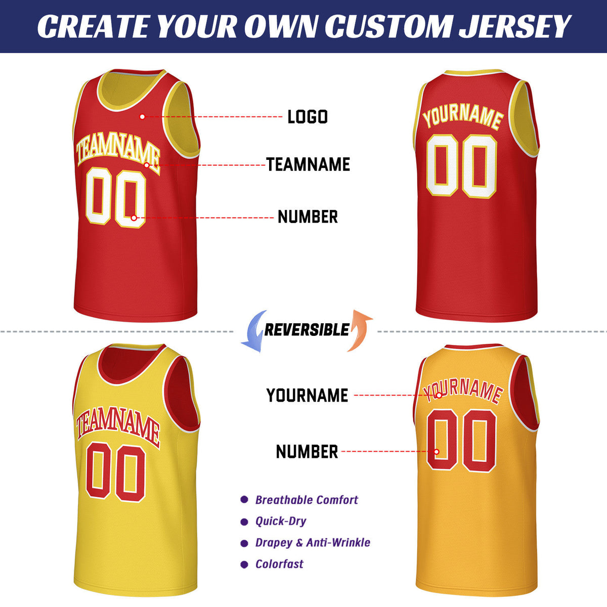 Custom Red & Yellow Reversible Basketball Jersey | Personalized Sleeveless Mesh Jersey for Adult Youth