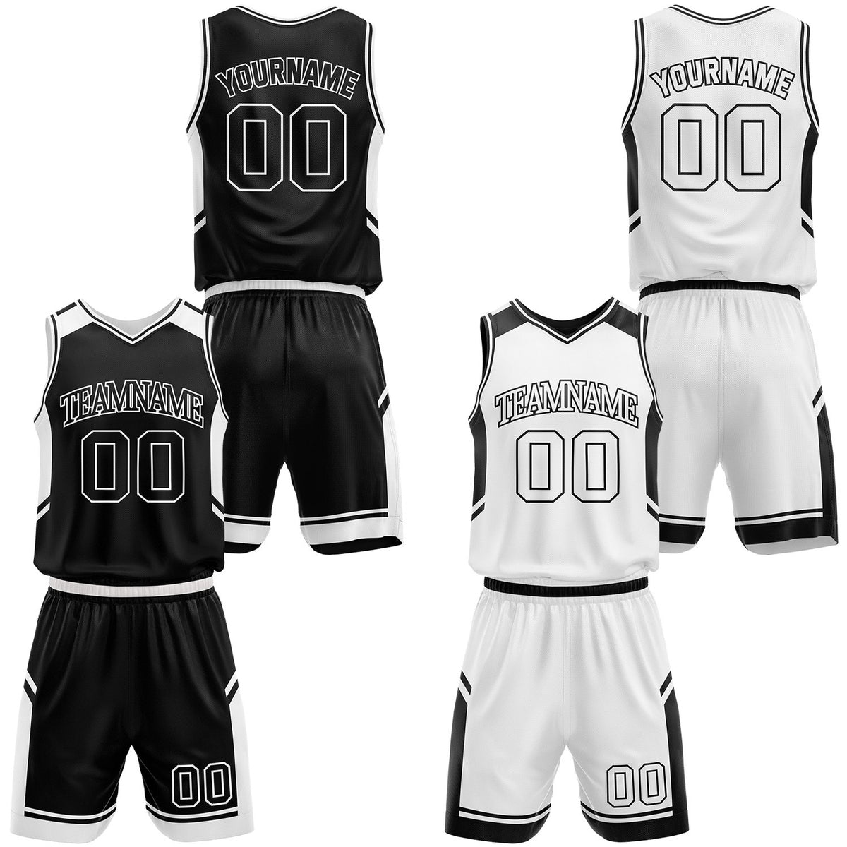 Custom double sided black and white basketball uniforms set, personalized team name, player number and logo, breathable moisture wicking mesh for youth and adult games.