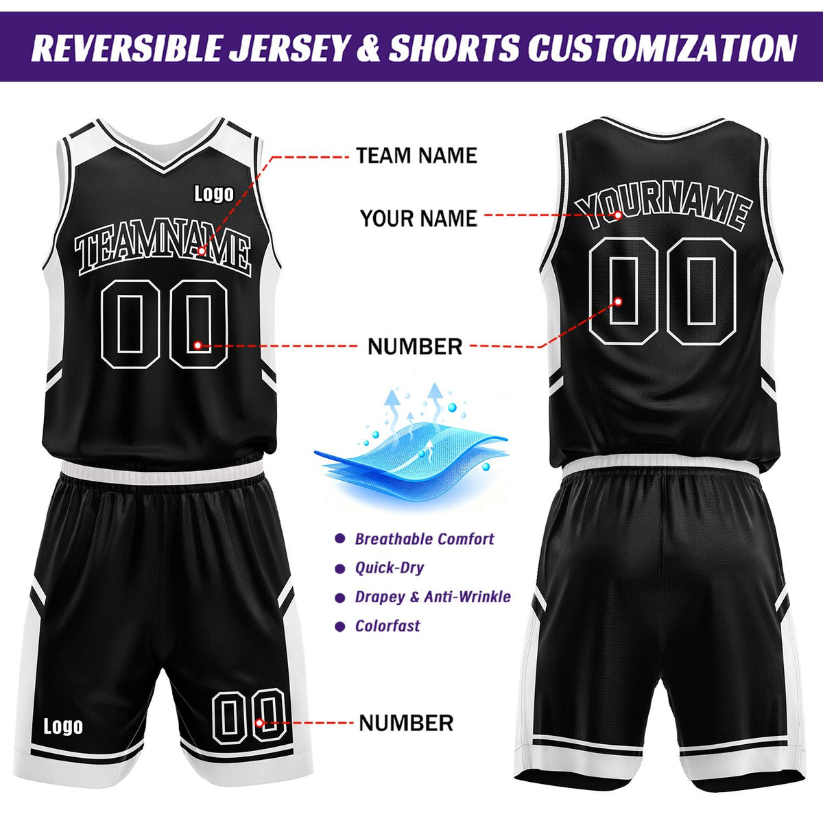 Custom Double Sided Basketball Uniform Set | Black & White V-Neck Sleeveless Jersey & Athletic Shorts