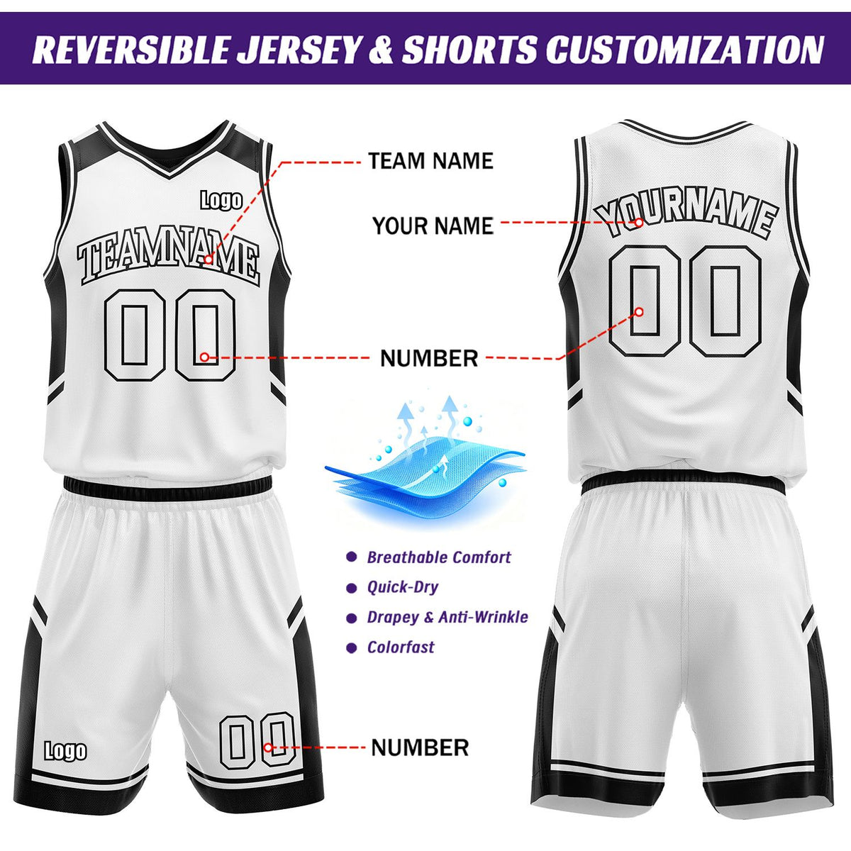 Custom Double Sided Basketball Uniform Set | Black & White V-Neck Sleeveless Jersey & Athletic Shorts