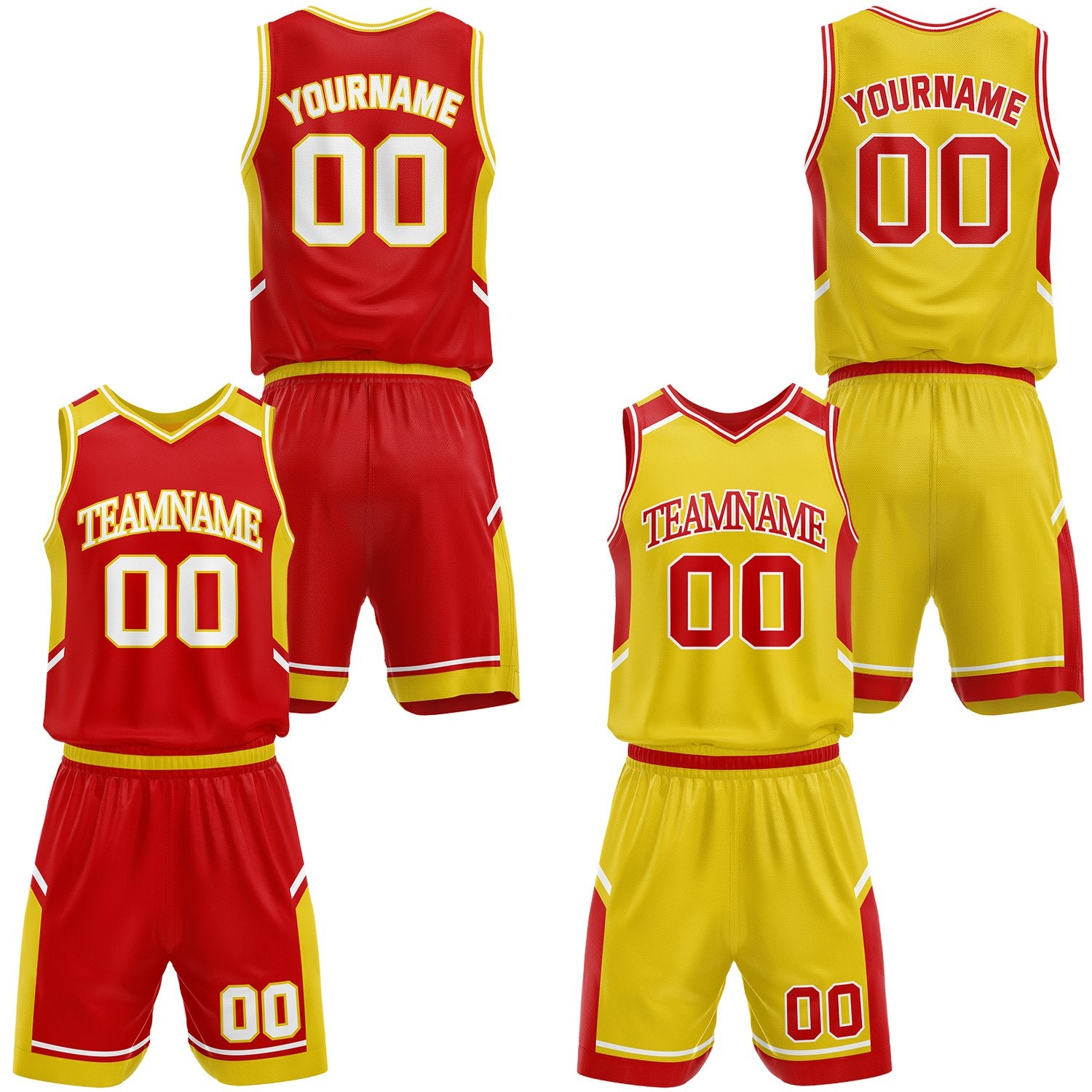 Custom double sided red and gold basketball uniforms set, personalized team name, player number and logo, breathable moisture wicking mesh for youth and adult games.