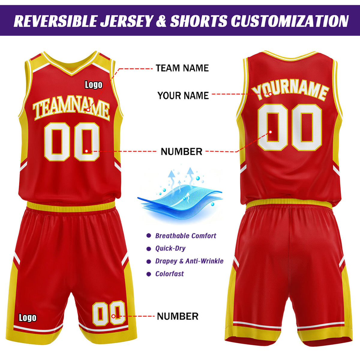 Custom Double Sided Basketball Uniform Set | Red & Gold V-Neck Sleeveless Jersey & Athletic Shorts