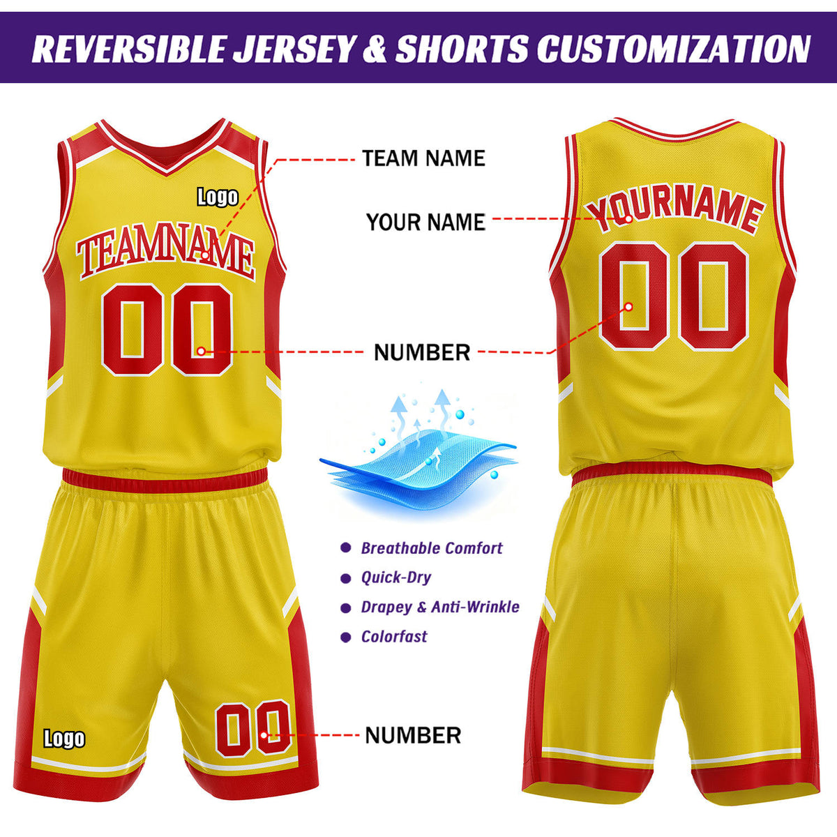Custom Double Sided Basketball Uniform Set | Red & Gold V-Neck Sleeveless Jersey & Athletic Shorts