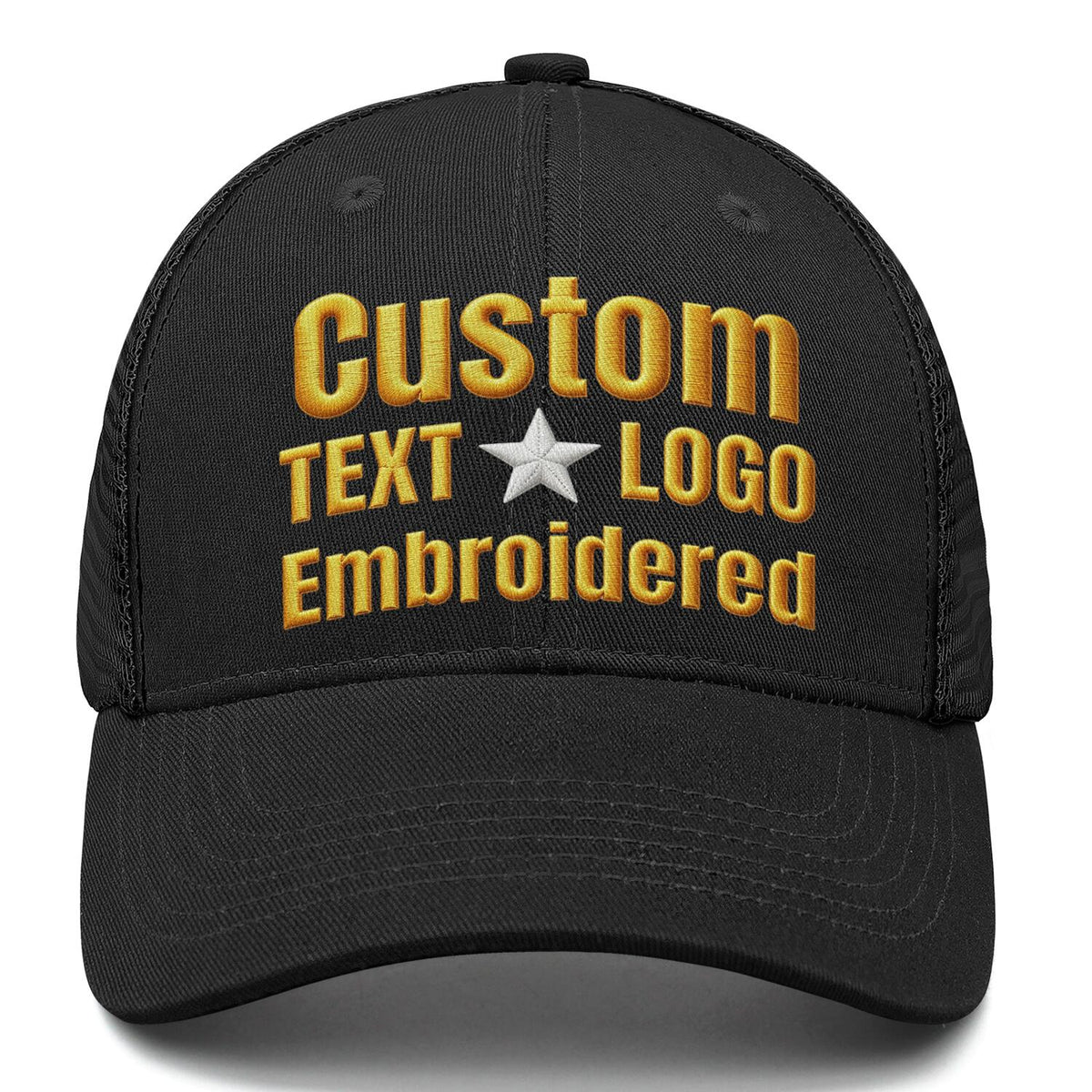 Custom embroidered or Printed black trucker cap by Vosoli | Personalized with text &amp; logo | Breathable mesh cap