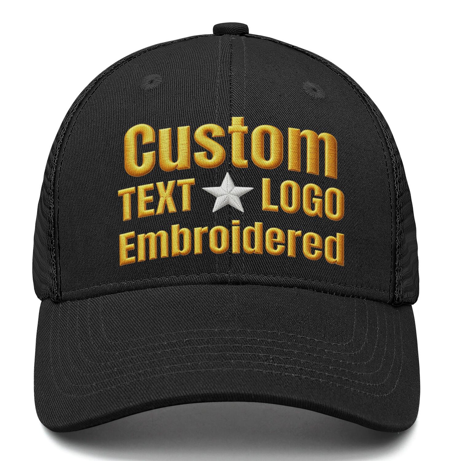 Custom embroidered or Printed black trucker cap by Vosoli | Personalized with text & logo | Breathable mesh cap