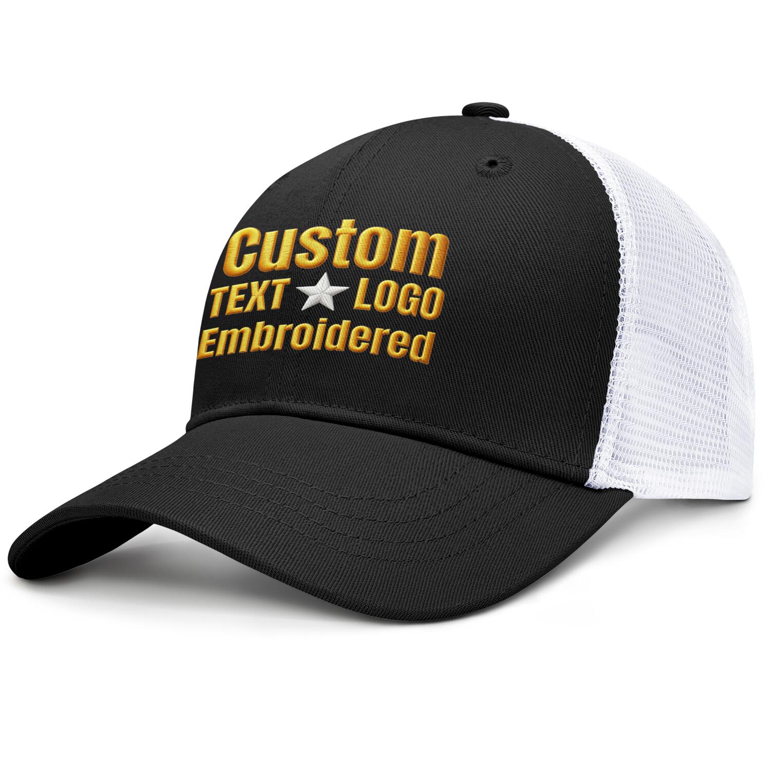 Custom embroidered black & white trucker cap by Vosoli | Personalized with text & logo | Breathable mesh cap