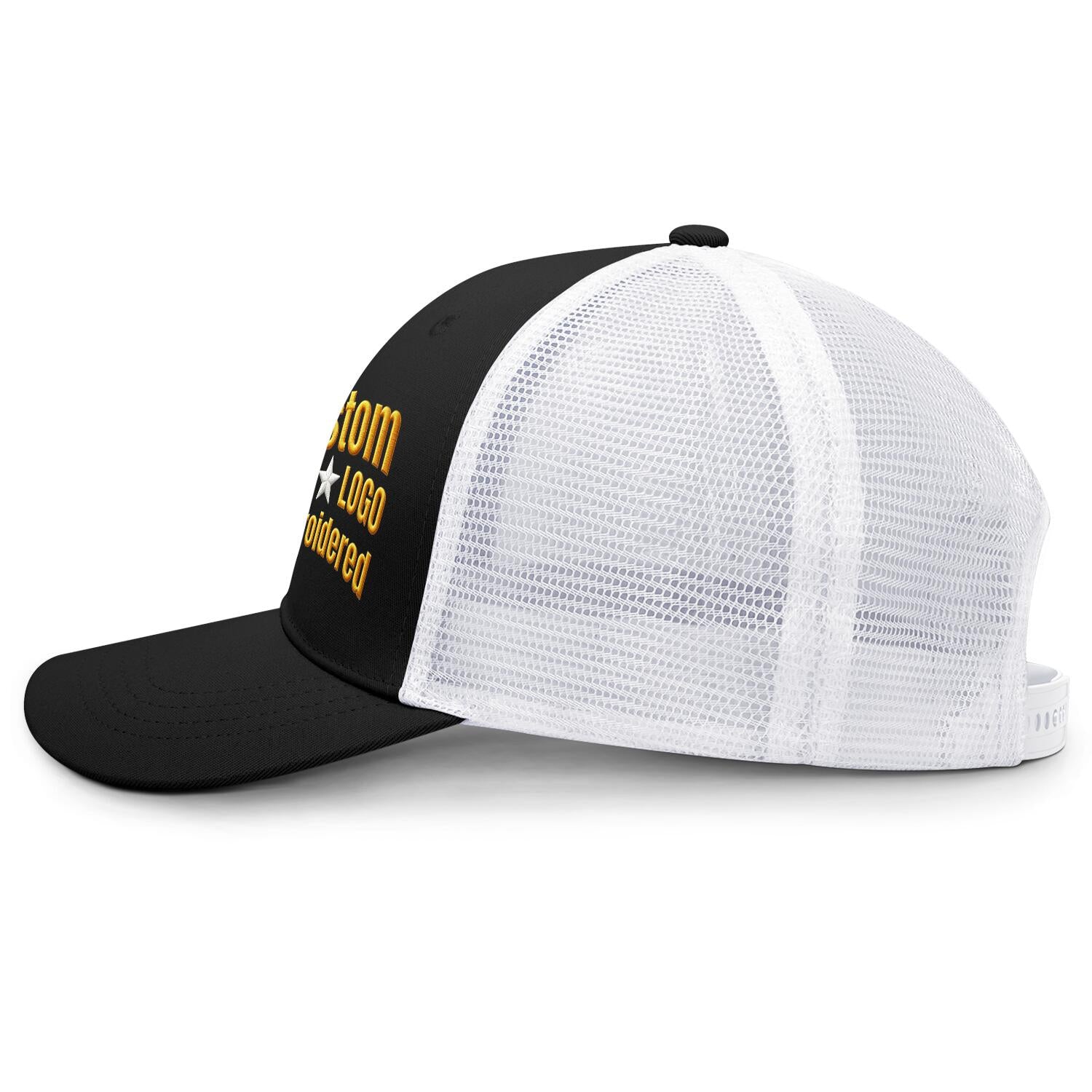 Custom Embroidered or Printed Black & White Trucker Cap | Breathable mesh cap