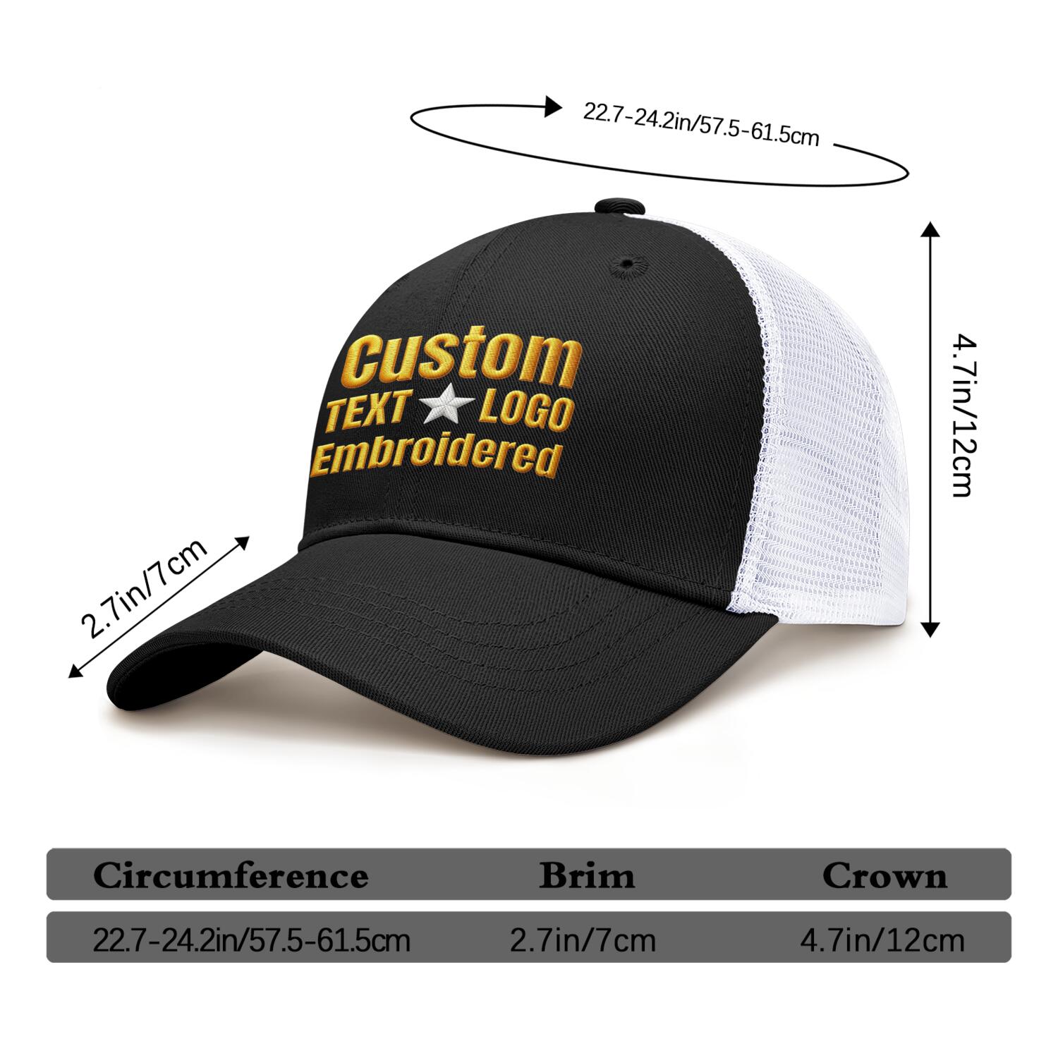Custom Embroidered or Printed Black & White Trucker Cap | Breathable mesh cap