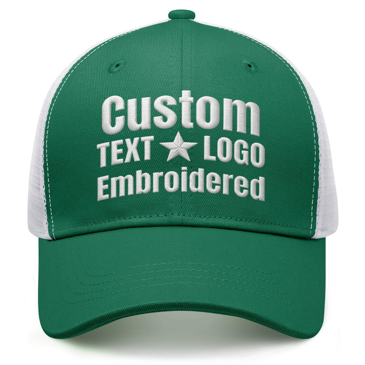Custom embroidered bright green &amp; white trucker cap by Vosoli | Personalized with text &amp; logo | Breathable mesh cap